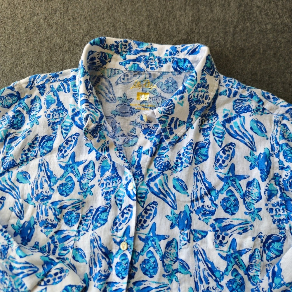 Lilly Pulitzer Sz XL Sea View Seashell Starfish 100% Linen Beachy Coastal Travel - Picture 3 of 8
